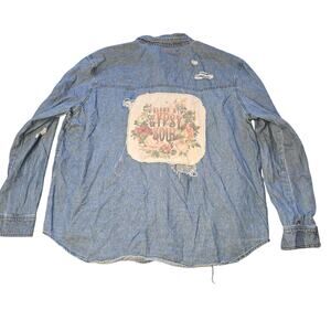 Boho Jane Denim Shirt Womens Large Blue Distressed Blame My Gypsy Soul Patch